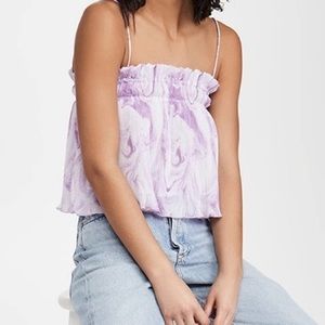 GANNI White and Purple Swirl Georgette Pleated Strap Camisole In Size 38